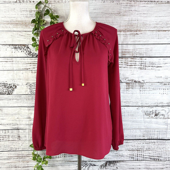 Michael Kors Tunic Blouse size Extra Small Dark Pink Crepe Ruffles Studs Bow Tie - Picture 1 of 15